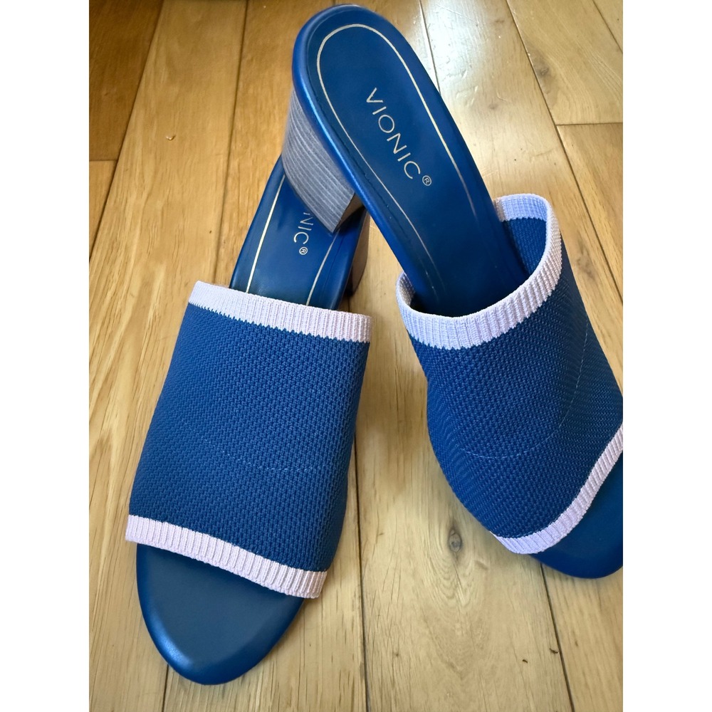 Vionic Fleur Blue Knit Stretch Block Heel Slide Sandals Womens 10 Orthotic Mule
